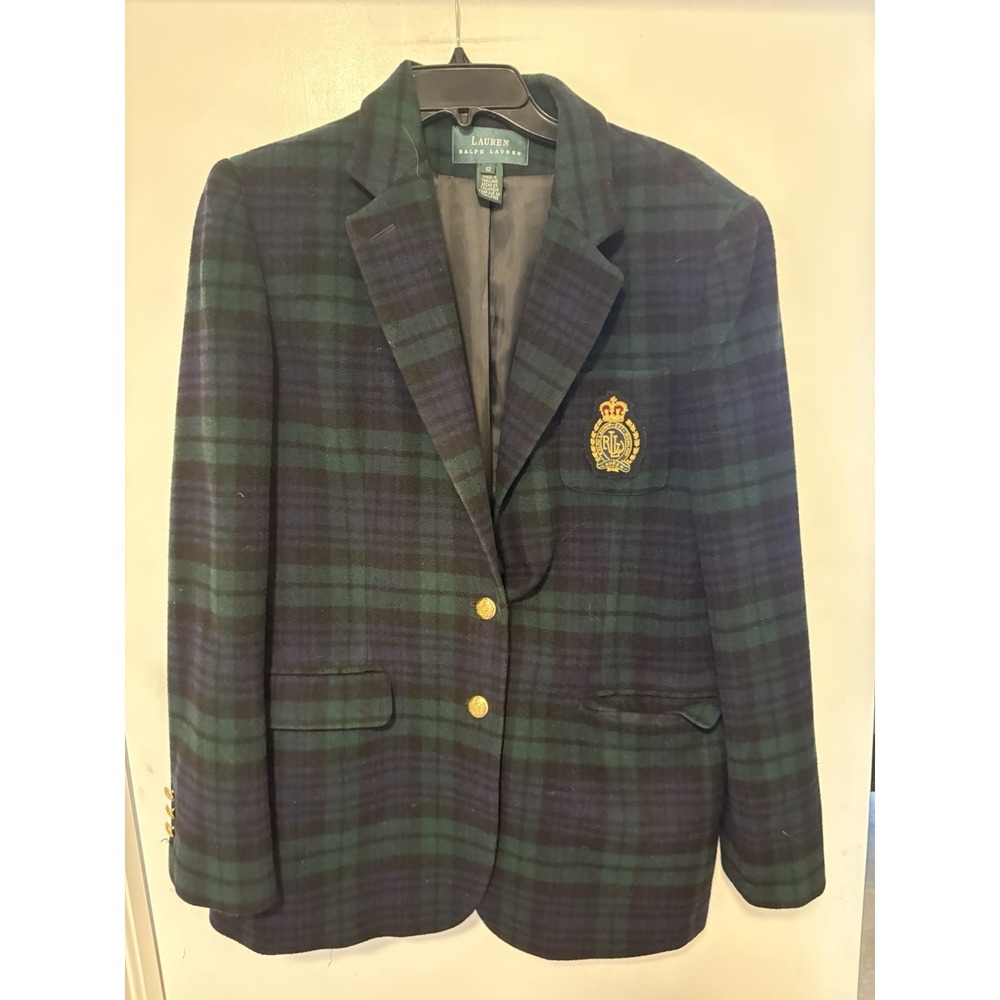 Ralph Lauren Women's Blazer Wool Cashmere Plaid w/ Crest Gold Buttons Size 12